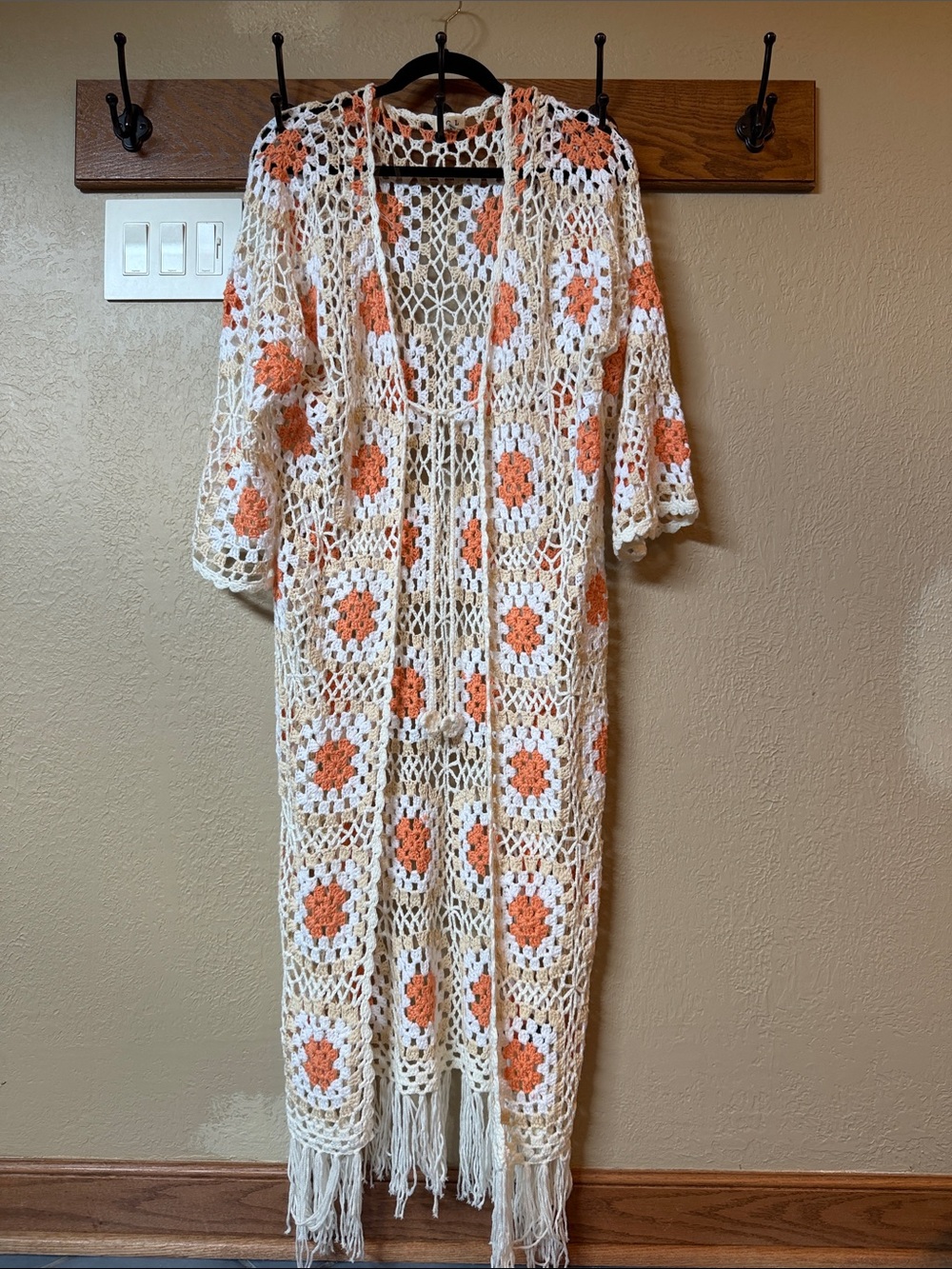 Bobbi Crochet Duster Cardigan with Orange Floral Motif